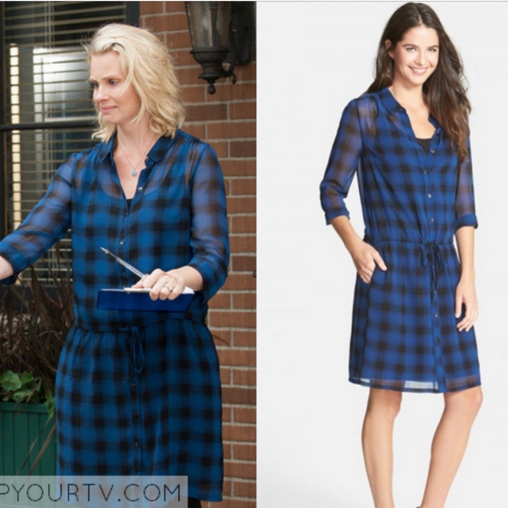 Halogen Blue Black Plaid Drop Waist Shirtdress Button-Down DrawString XS 0 2